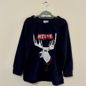 Rockin Around Sequins Reindeer Navy Fleece -Larg…
